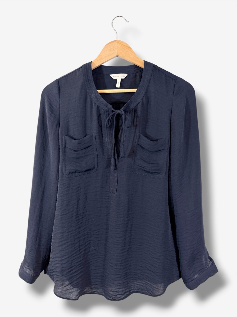 Rebecca Taylor Blue Tie Neck Blouse Size 4 Long Sleeve Pockets Office Casual